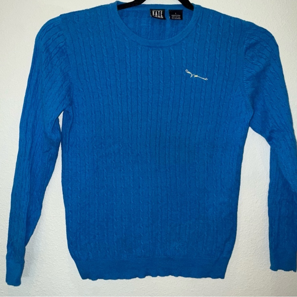 Kate lord cable knit sweater Blue white embroidered logo cashmere large pullover